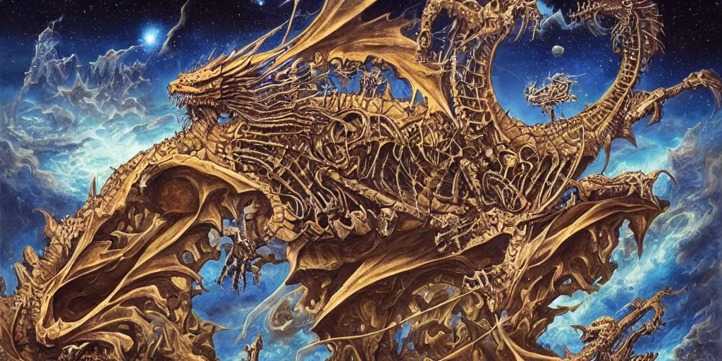 Prompt: a dragon skeleton floating in outer space, Dan Seagrave art