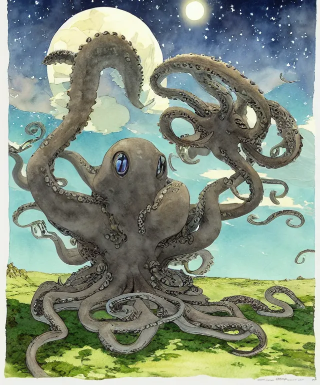 Image similar to a hyperrealist studio ghibli watercolor fantasy concept art. in the foreground is a giant grey octopus lifting an immense stone. the background is stonehenge with a starry sky. by rebecca guay, michael kaluta, charles vess