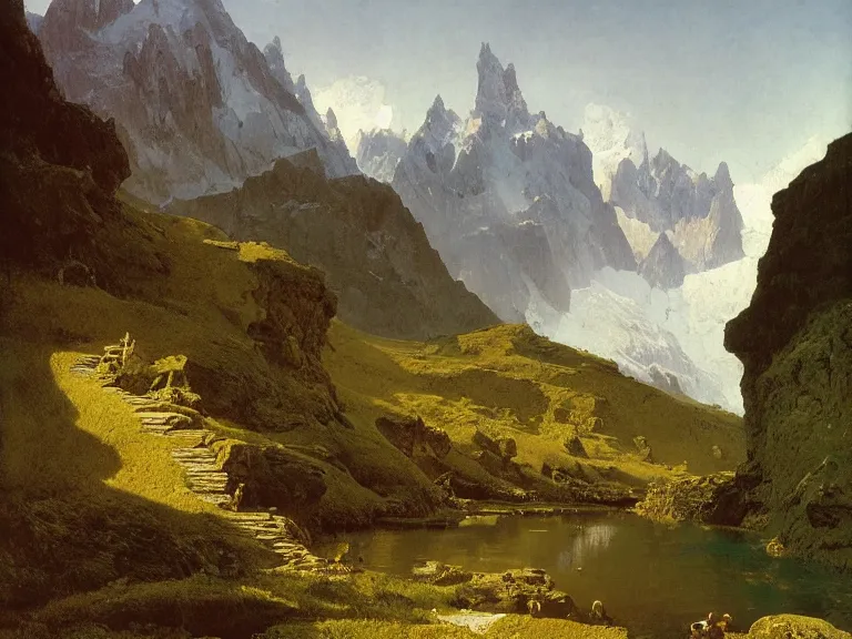 Image similar to an oil painting of an alpine river and a distaint mountain on a beautiful morning by beksinski carl spitzweg and tuomas korpi. baroque elements, full-length view. baroque element. intricate artwork by caravaggio. Trending on artstation. 8k