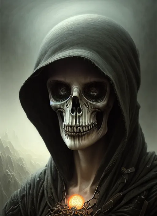 Prompt: close - up portrait of the grim reaper in a scenic dystopian environment, intricate, elegant, highly detailed, centered, digital painting, art station, conceptual art, soft, sharp focus, illustration, artwork, artgerm, tomasz alen kopera, peter mohrbacher, donato giancola, joseph christian leyendecker, wlop, boris vallejo