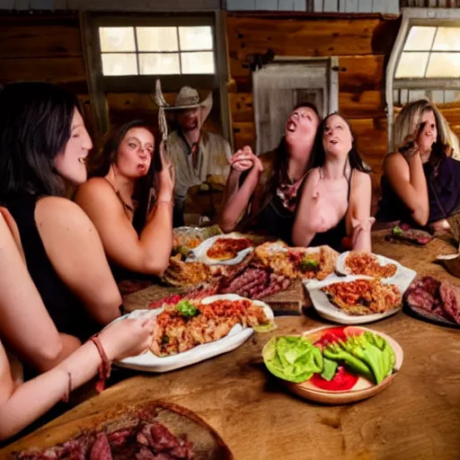 women eating cowboy human meat for dinner, Stable Diffusion