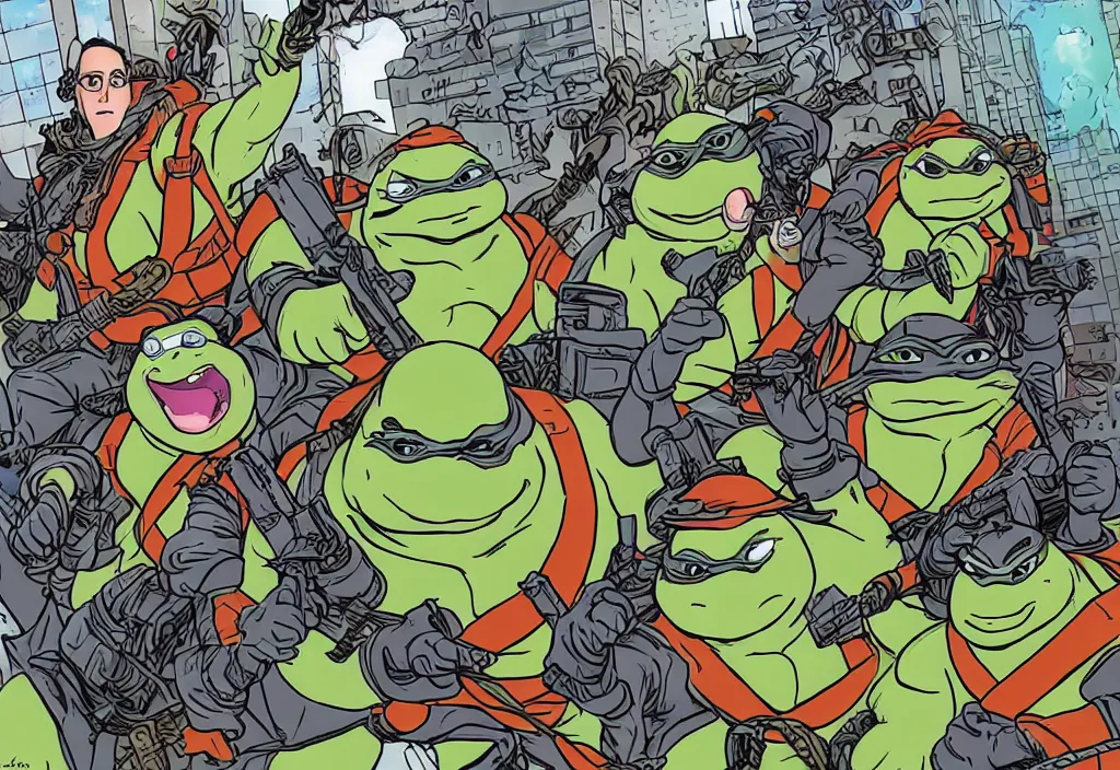 Image similar to the ghostbusters meet the ninja turtles