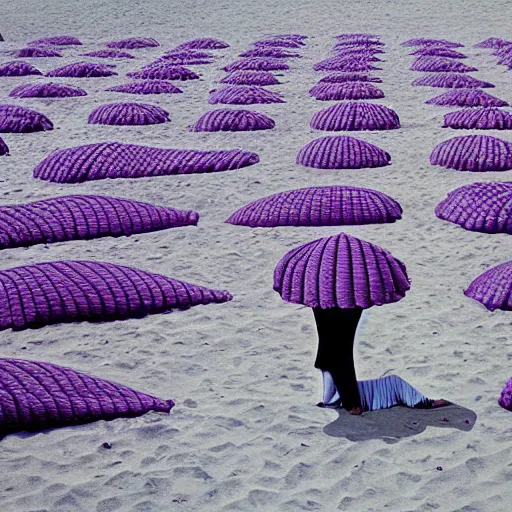 Prompt: a thousand beds on the beach by Storm Thorgerson, purple color scheme