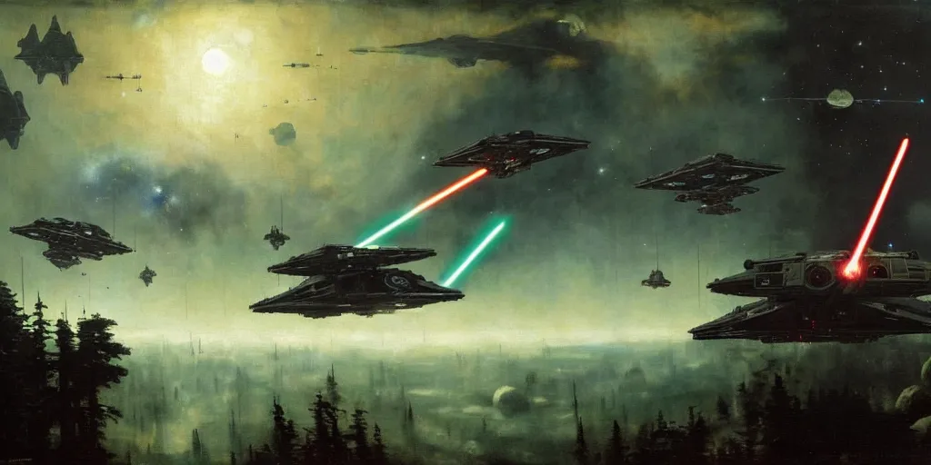 Image similar to star wars space battle in outer space above the forest moon on endor : small tie fighters overwhelm and fire green lasers at rebel capital ship. painted by jan matejko, greg rutkowski and gustave courbet. oil on canvas, sharp focus, cinematic atmosphere, explosions, detailed and intricate environment