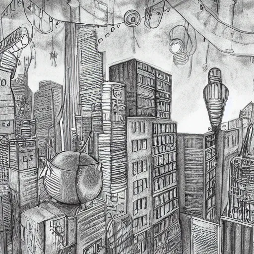 Prompt: illustration of a city in the style of Shaun Tan, award winning illustration, pencil on paper, photorealistic