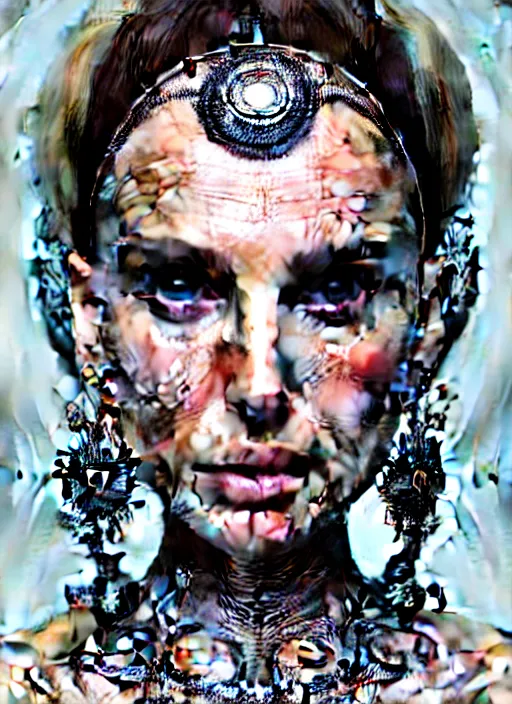 Image similar to portrait photograph of an absurdly beautiful, graceful, sophisticated, fashionable futuristic woman, facial piercings, natalie portman, heavy body modification, facial tattoos, prosthetic implants, hyperdetailed by popovy sisters, intricate linework, white porcelain skin, faberge, intricate chrome headdress, dark atmosphere, unreal engine 5 highly rendered, global illumination, radiant light, detailed and intricate environment