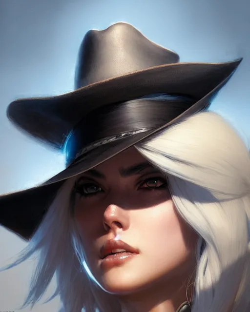 Image similar to ashe from overwatch, cowgirl, white hair, black hat, character portrait, portrait, close up, concept art, intricate details, highly detailed by greg rutkowski, michael whelan and gustave dore