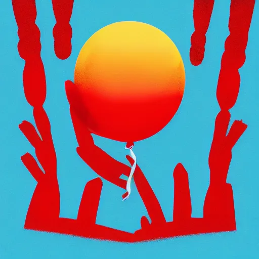 Image similar to album art of a hand holding a balloon coming out the water with a red sky by chris bilheimer, moody