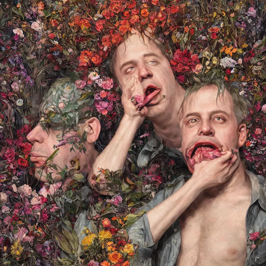 Image similar to male portrait of the john zorn todd solondz eating rotten flesh and puking blood, surrounded by flowers by karol bak, james jean, tom bagshaw, rococo, trending on artstation, cinematic lighting, hyper realism, octane render, 8 k, hyper detailed.