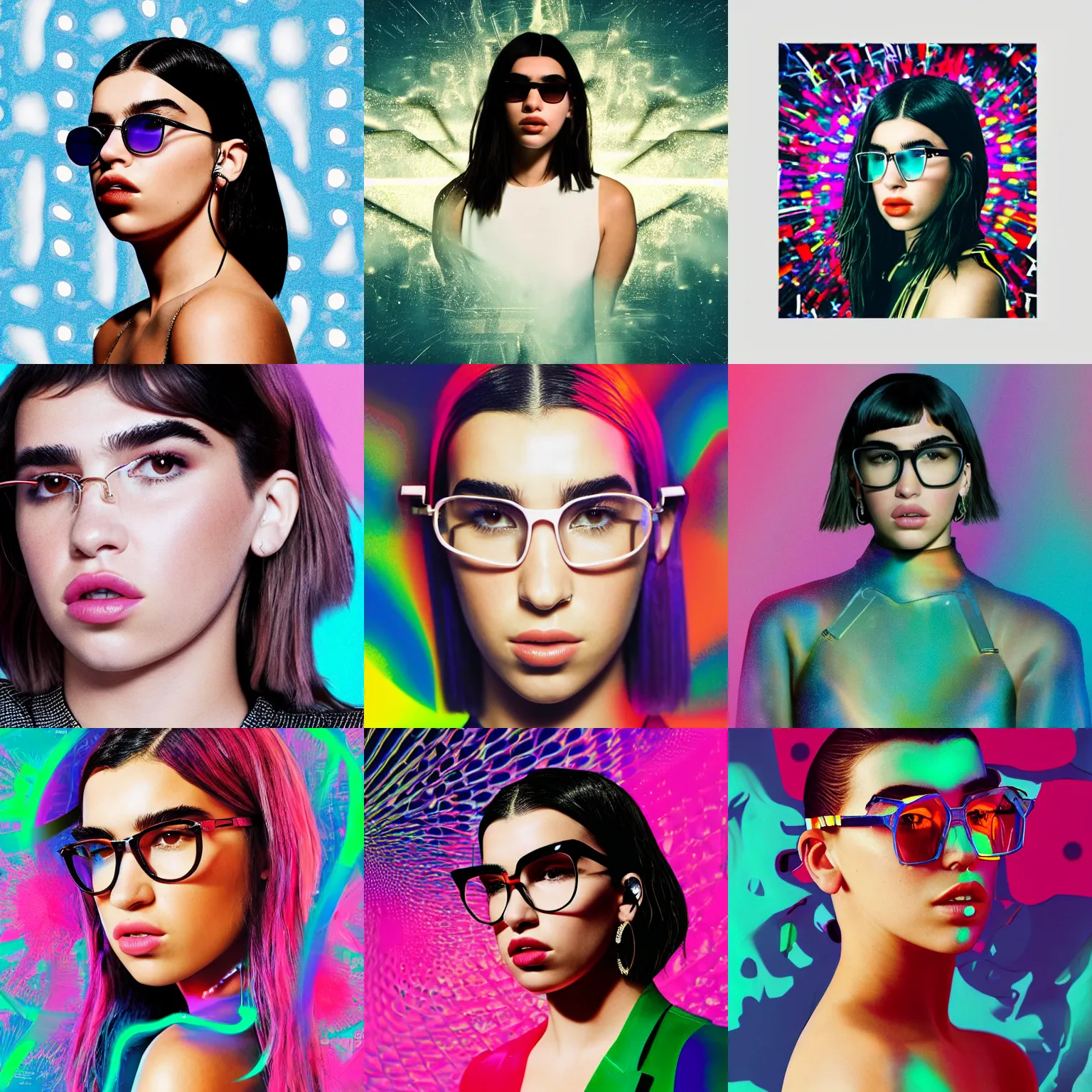 Prompt: A photorealistic portrait of beautiful dua lipa wearing futuristic glasses on an abstract background, beautiful face, album cover design