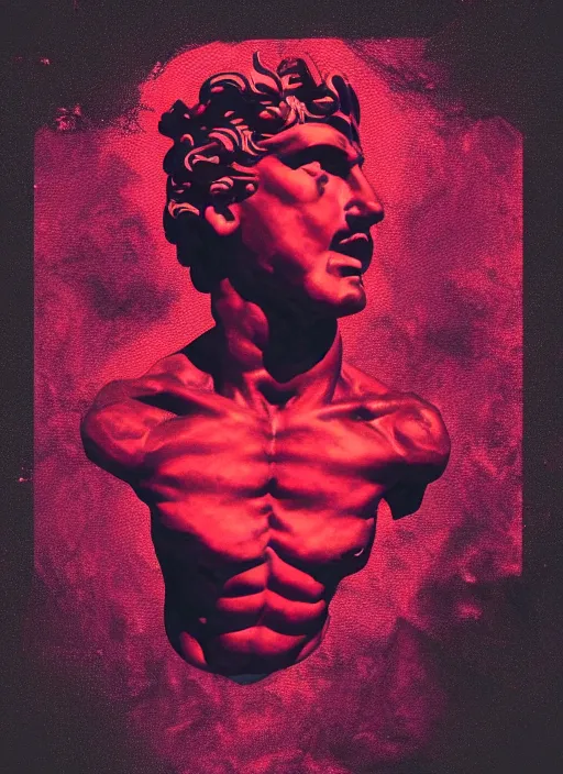 Image similar to black background with subtle red and purple design elements, statue of hercules, nekro, graphic design, collage art, thin lines, dark, glitch art, neo vaporwave, gritty, layout frame, square, trending on artstation