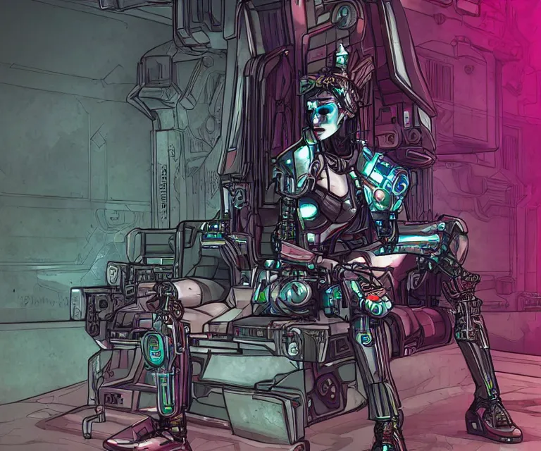 Prompt: cyborg princess sitting on a metal throne in a futuristic castle, cyberpunk, highly detailed, sharp lines, neon lights