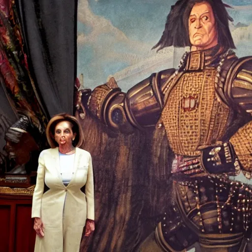 Image similar to nancy pelosi standing in front of 1 6 th century backdrop in the painting of vigo the carpathian. she ominously stares. painting by lou police for ghostbusters 2.