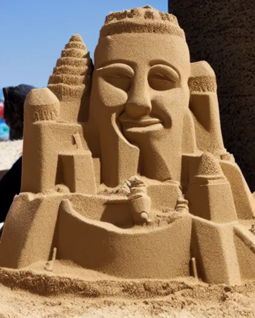 Image similar to a detailed sandcastle with the face of anonymous