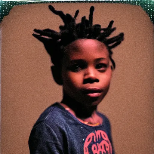 Prompt: photo of a black boy with colored dread, in dark room flash polaroid effect