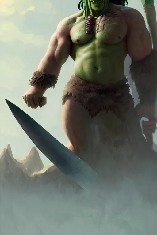 Image similar to orc barbarian male, green skin, exquisite details, big axe, earth magic, mid view, design on a white background, by studio muti, greg rutkowski makoto shinkai takashi takeuchi studio ghibli