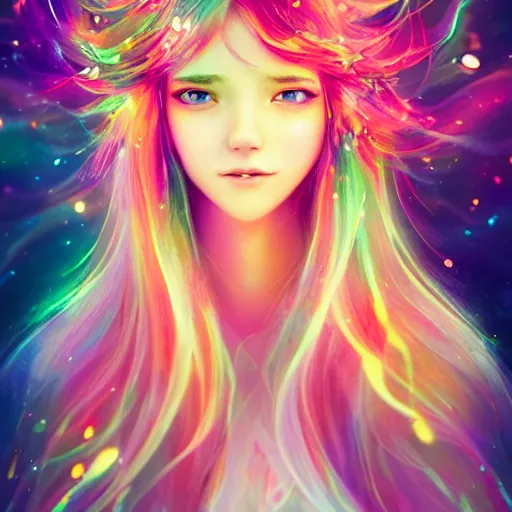 Image similar to lively and lovely girls, angelic face, colorful and flowing hair, colorful eyes, smiling innocently and cutely, colorful light effects, clean and fresh, ethereal, macro, uplight, lush, radiant, detailed, fantasy style, by ross tran, kazuki tanahashi