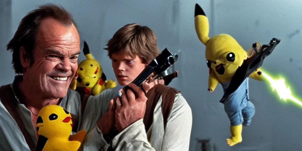 Prompt: Jack Nicholson plays Luke Skywalker and fights Darth Pikachu