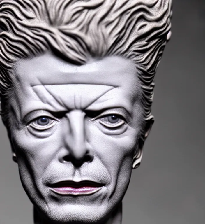 Image similar to David Bowie , A Close up photo-real delicate ceramic porcelain sculpture of a symmetrical ornate detailed in front of an intricate background by Victo Ngai and takato yamamoto, micro detail, backlit lighting, face in focus, subsurface scattering, translucent, thin porcelain, octane renderer, colorful, physically based rendering, japanese pottery, trending on cgsociety