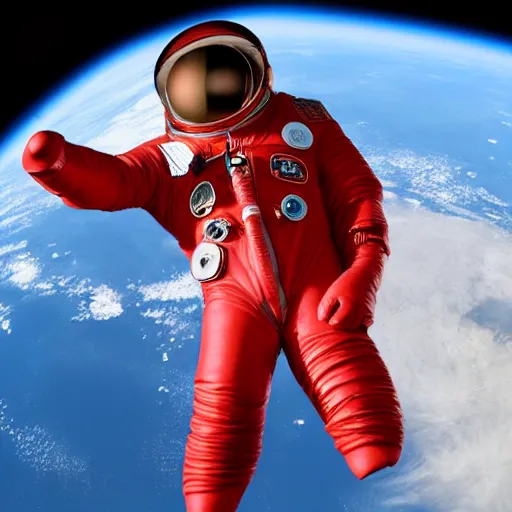 Prompt: a red suit astronaut shaped like a bean with a blue visor 4 k