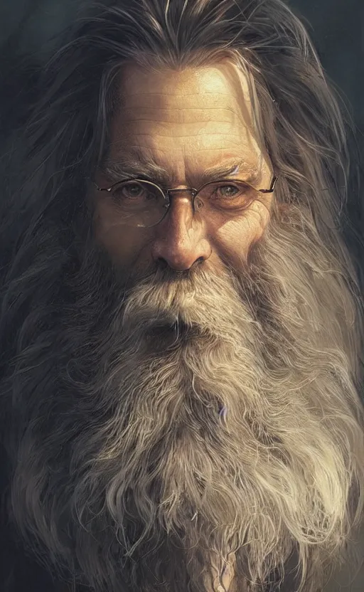 Prompt: Portrait of a middle aged wizard with a long beard and monacle, male, detailed face, fantasy, highly detailed, cinematic lighting, digital art painting by greg rutkowski