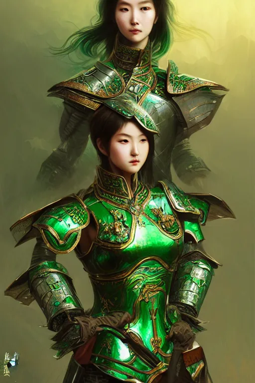 Prompt: portrait young knights of Dynasty Warriors girl, metallic green armor, in ruined hǔ láo guān, ssci-fi and fantasy, intricate and very beautiful and elegant, highly detailed, digital painting, artstation, concept art, smooth and sharp focus, illustration, art by tian zi and WLOP and alphonse mucha