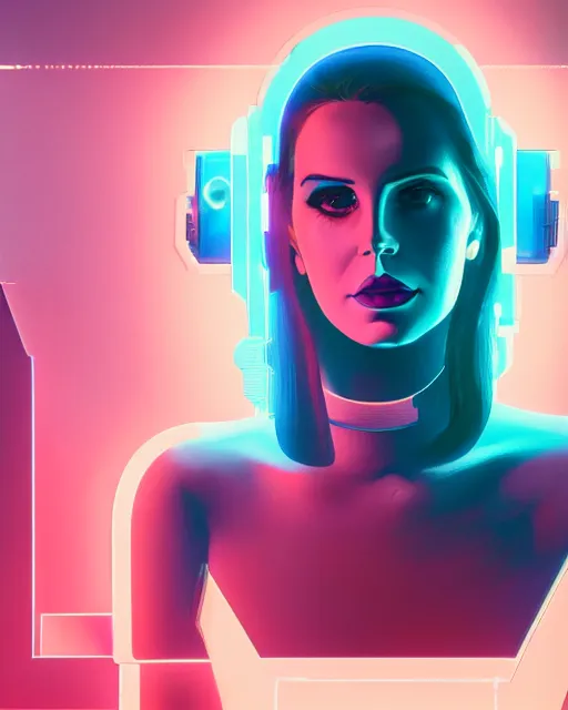 Image similar to portrait of lana del rey as a cyborg. intricate abstract. intricate artwork cyberpunk by tooth wu, wlop, beeple, dan mumford. octane render, trending on artstation, greg rutkowski very coherent symmetrical artwork. cinematic, hyper realism, high detail, octane render, 8 k, blue and pink iridescent accents