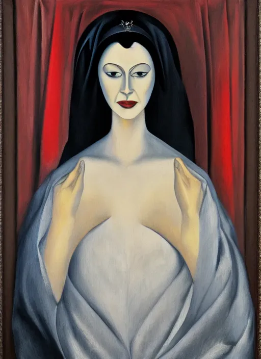 Prompt: oil painting of portait Queen of Ecstasy, dark hair, veil, black dress, Hungarian, by Georgia o Keeffe, by Marcel Jankowicz, 🥵
