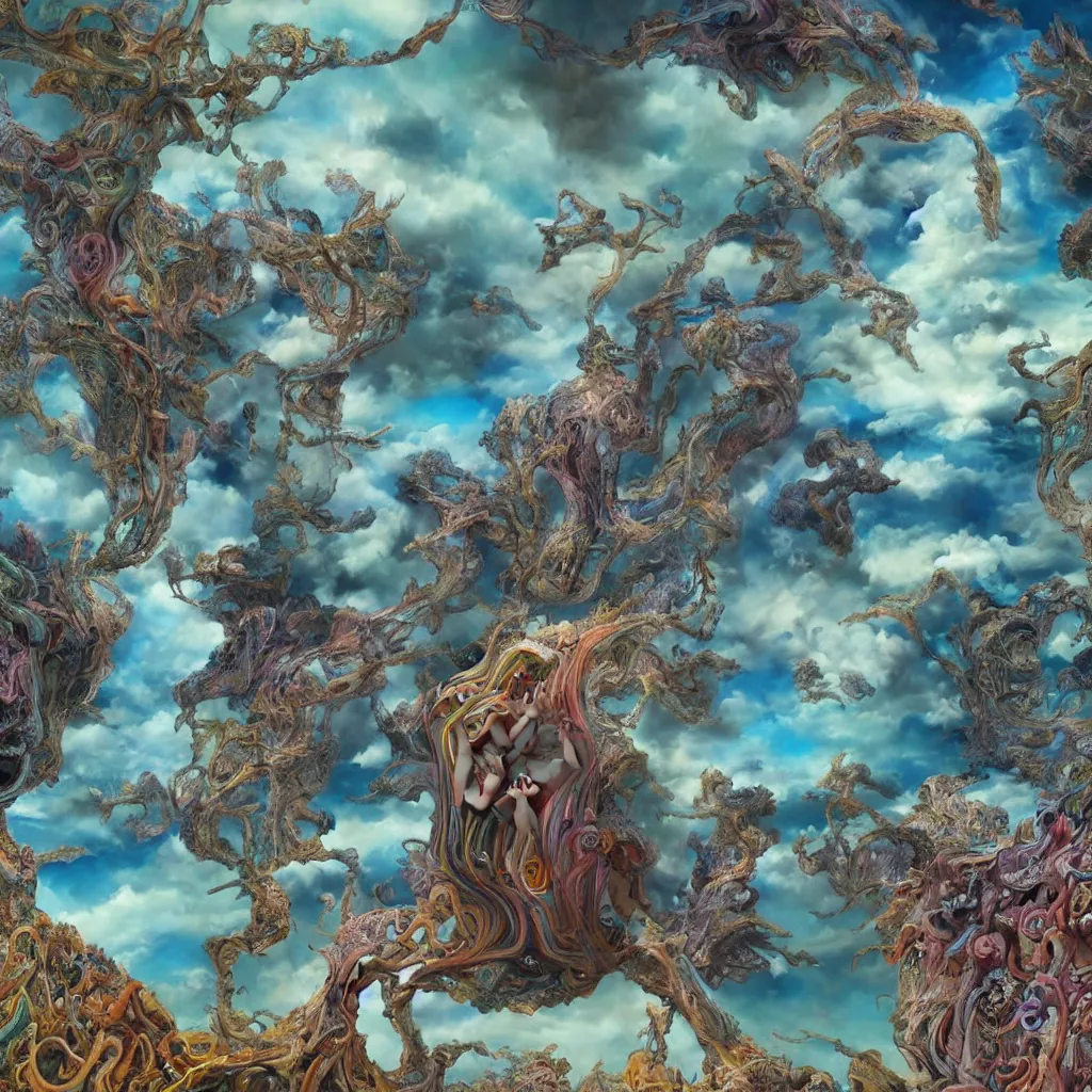 Image similar to ultrawide angle colour masterpiece surreal closeup portrait photography of gods playing on stage by miho hirano and annie leibovitz and michael cheval, weird surreal epic psychedelic complex biomorphic 3 d fractal landscape in background by kilian eng and roger dean and salvador dali and beksinski, 8 k