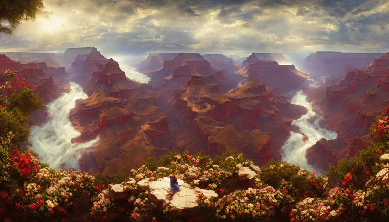 Image similar to An epic fantastic realism comic book style painting of the most beautiful flowers raining from the skies over the Grand Canyon, fisheye lens, painted by the Hudson River school, unreal 5, DAZ, hyperrealistic, octane render, dynamic lighting