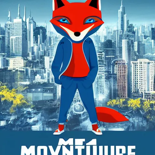 Prompt: modern adventure movie poster, featuring in anthropomorphic blue fox in a blue hoodie, artistic metro city background, promotional print media