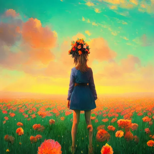 Image similar to girl with a flower face, surreal photography, dream, standing in flower field, in a valley, sunrise dramatic light, impressionist painting, colorful clouds, artstation, simon stalenhag