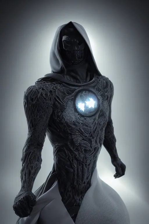 Image similar to hyperrealistic photography of Moon Knight mixed with Ghostrider style of patricia piccinini and Ivailo Ivanov and Gal Yosef, full-shot, merged character, 4k, highly detailed, cinematic lighting, photorealistic, 3d render, award winning render, unreal engine, masterpiece, octane render, sharp focus, studio lighting, 8k, hd