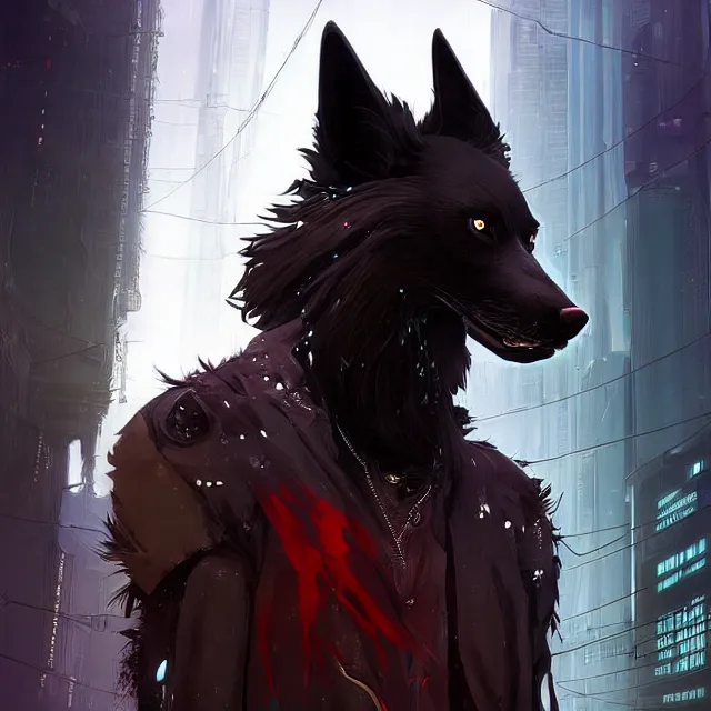 Image similar to a beautiful portrait of a handsome anthropomorphic humanoid black wolf fursona with long red hair in cyberpunk city. character design by cory loftis fenghua zhong ryohei hase isma