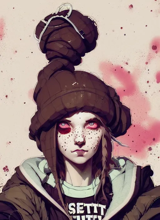 Image similar to highly detailed portrait of a sewer punk lady, tartan hoody, white ringlet hair by atey ghailan, by greg rutkowski, by greg tocchini, by james gilleard, by joe fenton, by kaethe butcher, gradient peach, brown, blonde cream and white color scheme, grunge aesthetic!!! ( ( graffiti tag wall background ) )