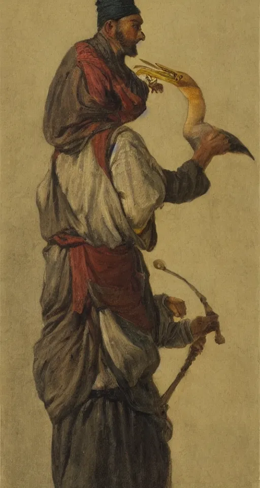 Prompt: orientalist portrait painting of a fisherman with a cormorant on his shoulder, in romantic style, sfumato