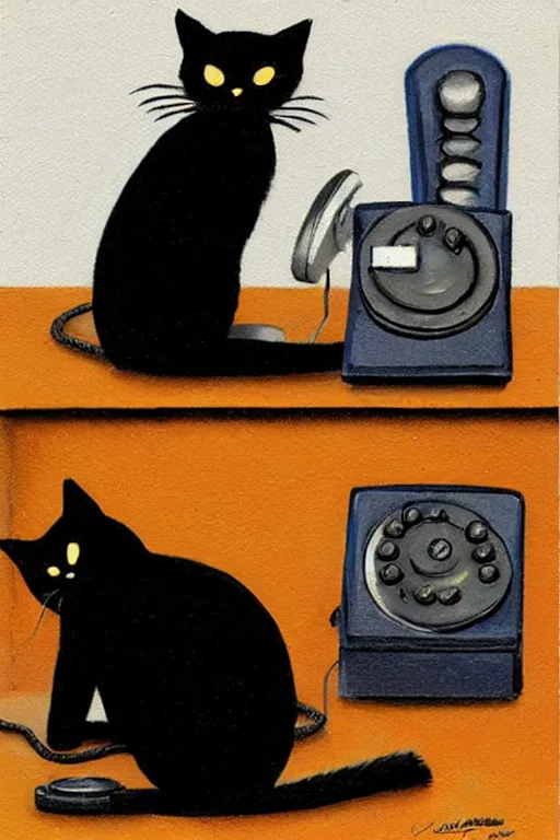 Image similar to black cat sitting next to vintage telephone, art by rosina wachtmeister