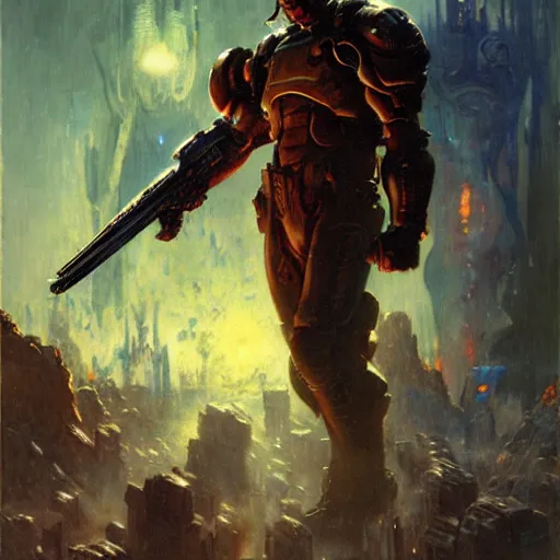 Image similar to Leonardo Dicaprio Doom Slayer, by gaston bussiere, craig mullins, Simon Bisley