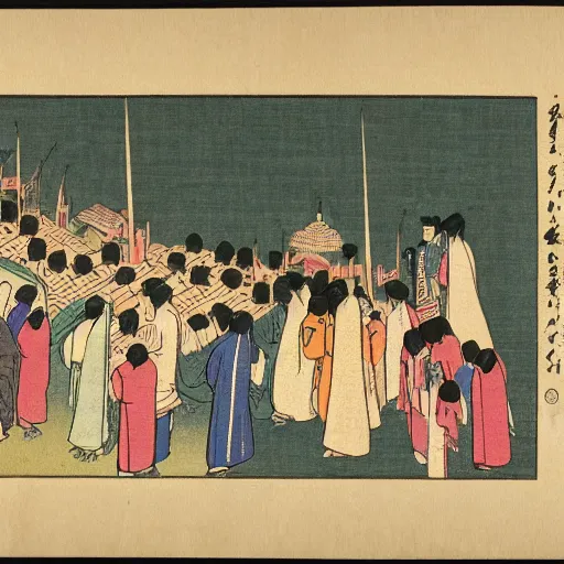 Prompt: late meiji period, colored woodblock print, muslims performing hajj