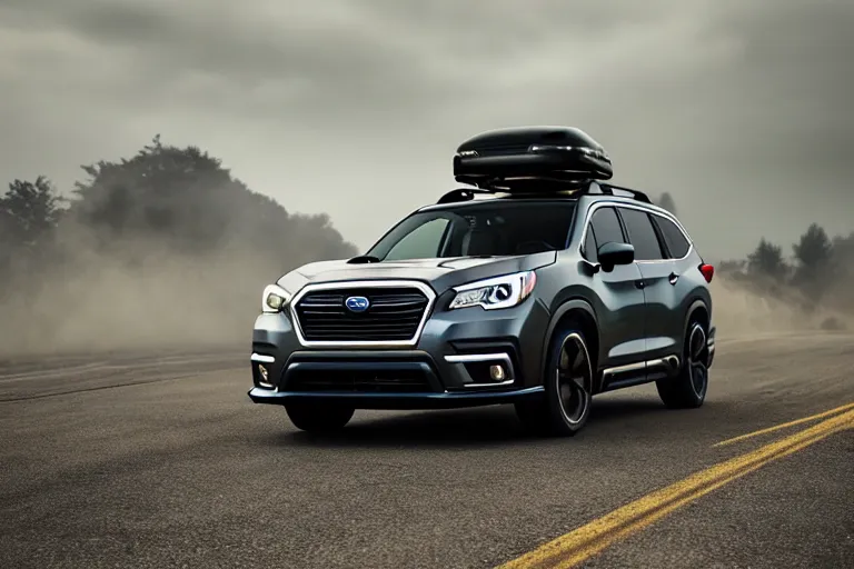 Image similar to a car and driver magazine photo shot, a souped up dark grey 2019 Subaru ascent heavily modified and customized as a performance tune street racing SUV, black rims, green trim accent, samurai vinyl wrap, cinematic lighting, art station, volumetric light, low angle camera, redshift render, octane render, art station