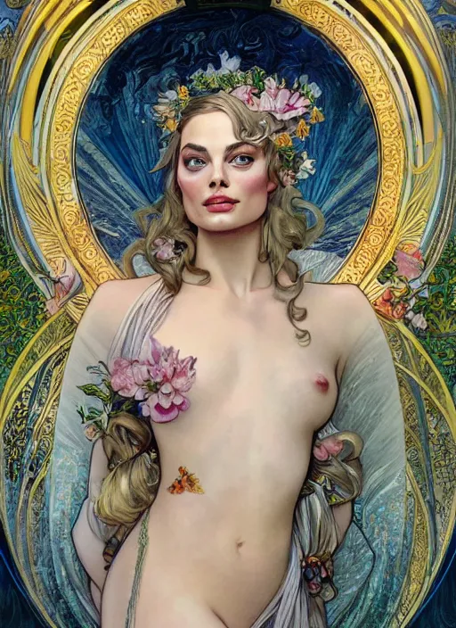 Image similar to Margot Robbie as God of Beauty, cute, fantasy, intricate, elegant, highly detailed, digital painting, 4k, HDR, concept art, smooth, sharp focus, illustration, art by alphonse mucha,artgerm, H R Giger