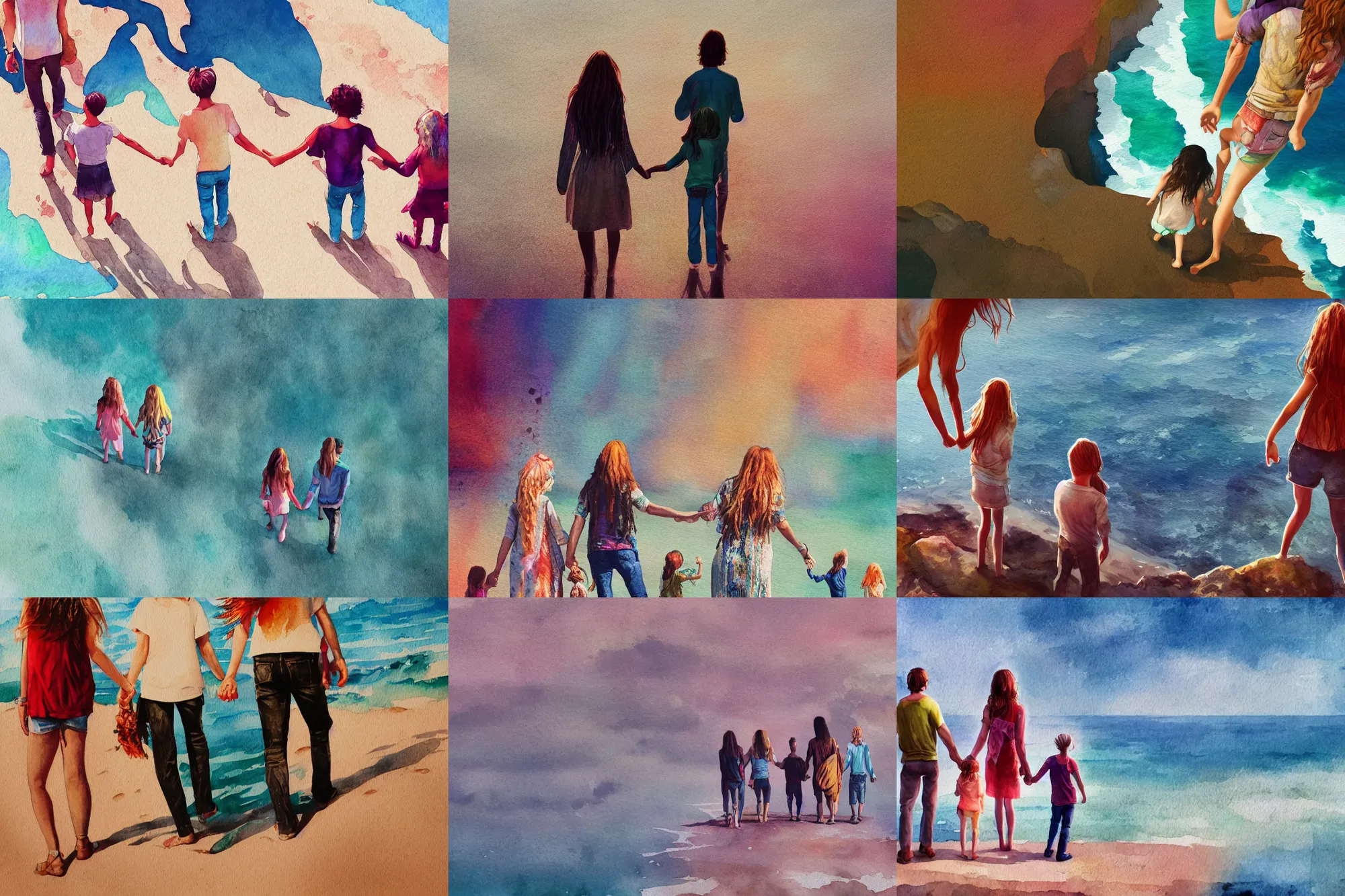 Image similar to hippie style family of woman, men, girl is taller, boy is shorter looking at the ocean holding hands, far - view, art, cinematic composition, octane render, high detail, 8 k, artstation trending, watercolor, artwork by tooth wu, colorful contrast, very coherent, thick lineart