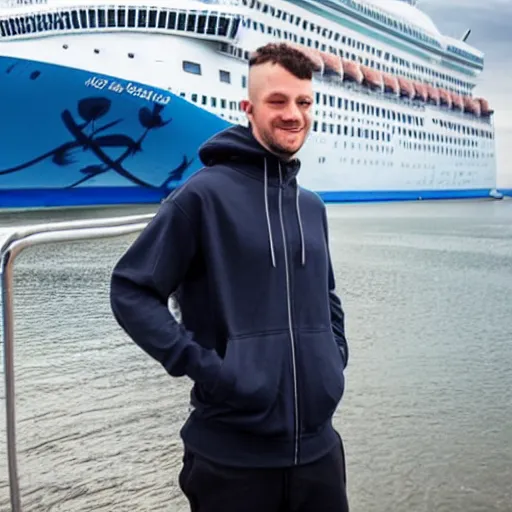 Prompt: guy in zipped hoodie with a cruise ship as his head