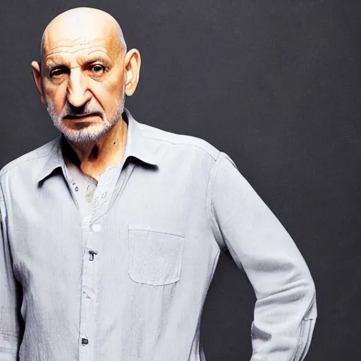 Image similar to ben kingsley with long straight grey hair and white shirt