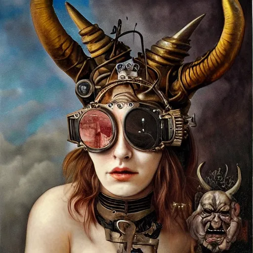 Image similar to a hyperrealistic portrait painting of a beautiful woman with demonic horns wearing steampunk goggles, riding a horse into the fires of hell, by santiago caruso, highly detailed,