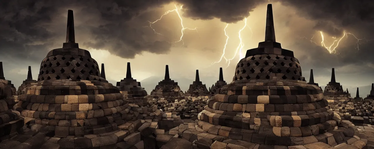 Image similar to most epic dramatic borobudur temple picture with eerie stormy night sky and lightnings. epic cinematic hyperrealism masterpiece. realistic poster with shaded lighting by craig mallismo, artgerm, jeremy lipkin and michael garmash, unreal engine, radiant light, detailed and complex environment, digital art, art station trends