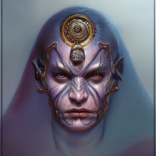 Prompt: hyperrealistic portrait of india mutated third eye opening god creature, cinematic, complex, highly atmospheric lighting, backlight, uplight, dramatic, trending on artstation, highly detailed, ornate, claudio bravo, alex grey, greg rutkowski, in the style of marvel comics, artgerm, frank bairstow, james cameron, ridley scott