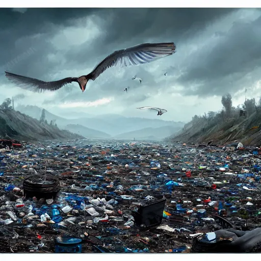 Image similar to on water, enormous huge mountains of tyres and garbage floating, seagulls flying in the forecasted sky, dramatic light, post apocalyptic, rainy weather, wet,highly detailed, wide shot, 8K mate painting, concept