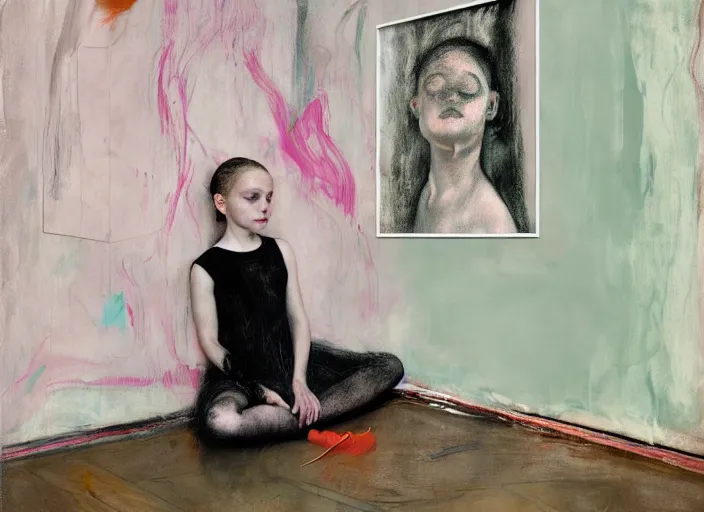 Prompt: portrait of nervous young girl ballerina sitting on the floor focusing in a dance hall by hernan bas and francis bacon and pat steir and hilma af klint, psychological, photorealistic, symmetrical face, dripping paint, washy brush, matte painting, rendered in octane, altermodern, masterpiece