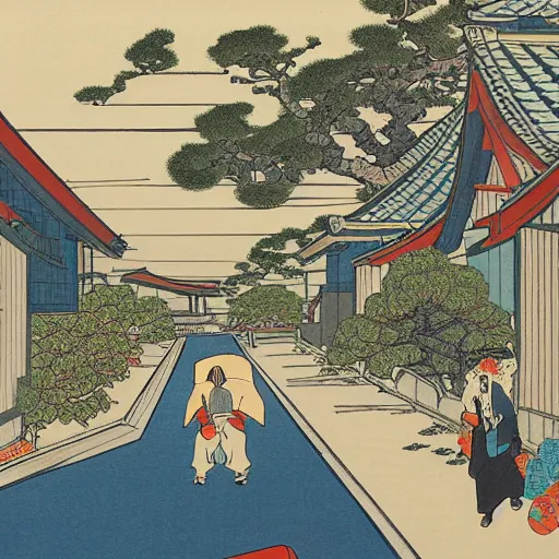 Image similar to painting of suburban american street, katsushika hokusai style